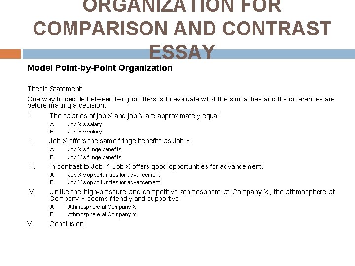 ORGANIZATION FOR COMPARISON AND CONTRAST ESSAY Model Point-by-Point Organization Thesis Statement: One way to
