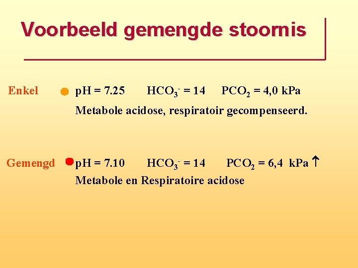 Voorbeeld gemengde stoornis Enkel p. H = 7. 25 HCO 3 - = 14