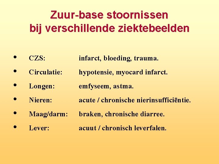 Zuur base stoornissen bij verschillende ziektebeelden • • • CZS: infarct, bloeding, trauma. Circulatie: