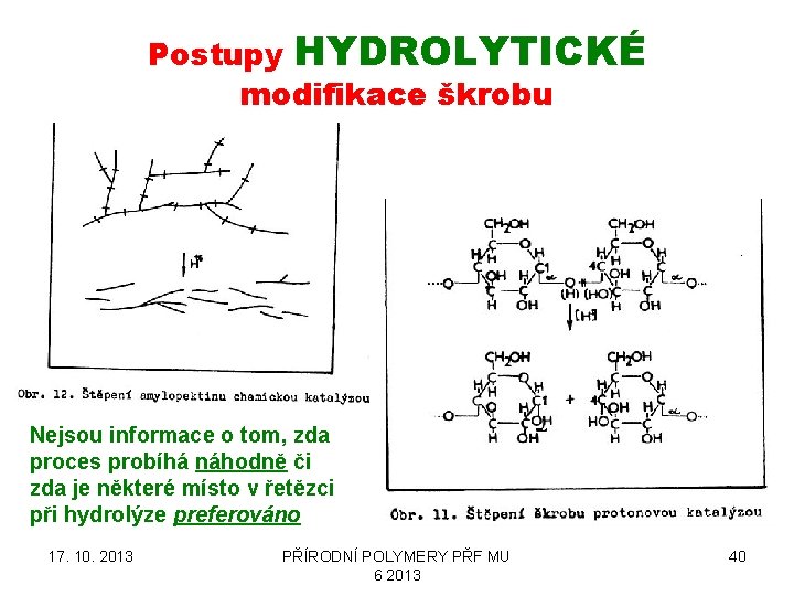 Postupy HYDROLYTICKÉ modifikace škrobu Nejsou informace o tom, zda proces probíhá náhodně či zda