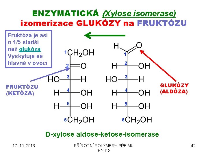 ENZYMATICKÁ (Xylose isomerase) izomerizace GLUKÓZY na FRUKTÓZU Fruktóza je asi o 1/5 sladší než