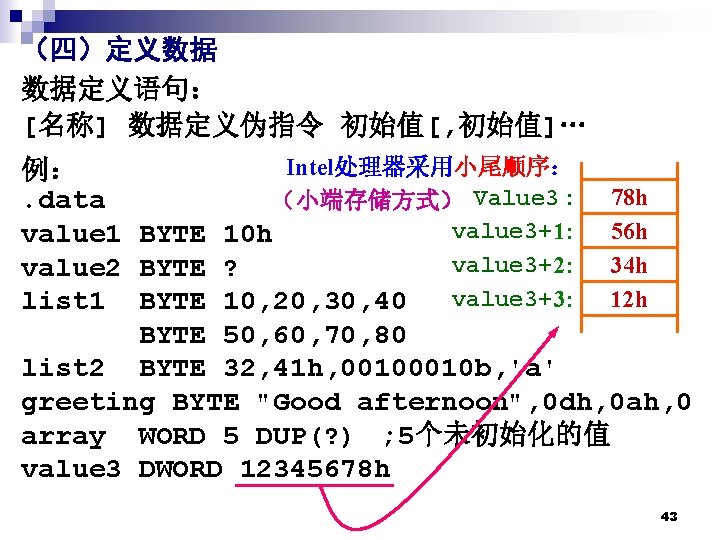 （四）定义数据 数据定义语句： [名称] 数据定义伪指令 初始值[, 初始值]… Intel处理器采用小尾顺序： 例： 78 h （小端存储方式） Value 3 :