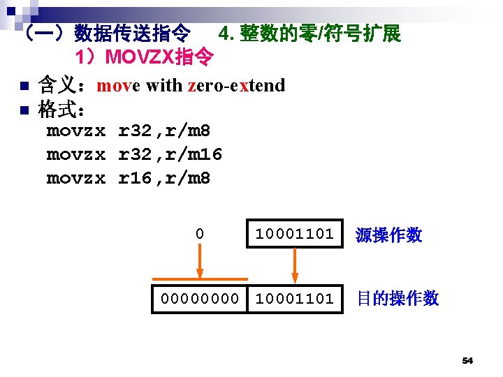 （一）数据传送指令 4. 整数的零/符号扩展 1）MOVZX指令 n 含义：move with zero-extend n 格式： movzx r 32, r/m