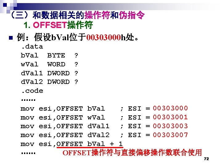 （三）和数据相关的操作符和伪指令 1. OFFSET操作符 n 例：假设b. Val位于00303000 h处。. data b. Val BYTE ? w. Val