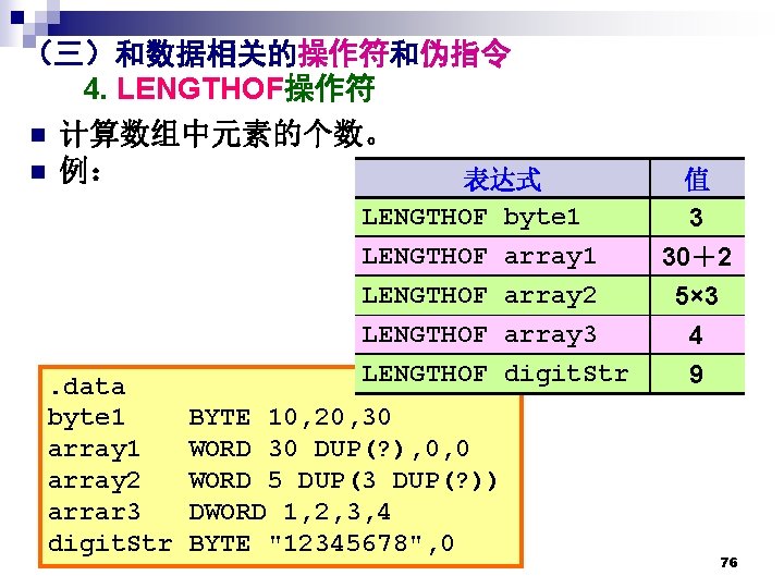 （三）和数据相关的操作符和伪指令 4. LENGTHOF操作符 n 计算数组中元素的个数。 n 例： 表达式 LENGTHOF byte 1 LENGTHOF array 2.