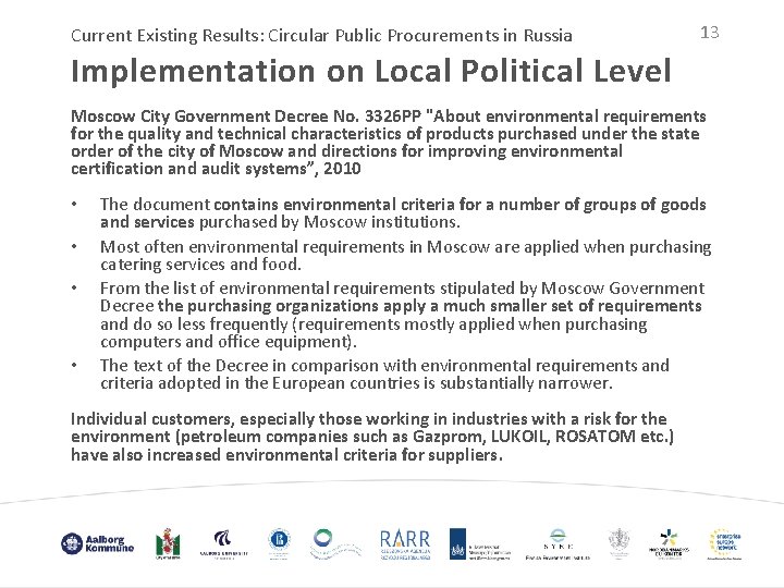 Current Existing Results: Circular Public Procurements in Russia 13 Implementation on Local Political Level