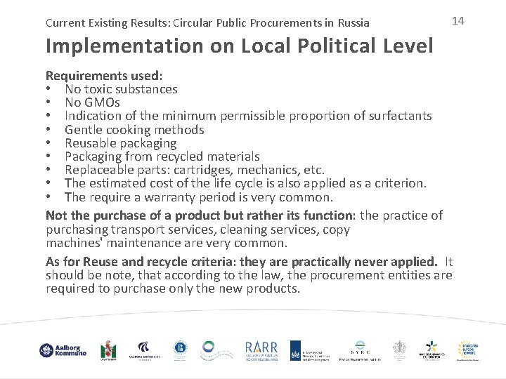 Current Existing Results: Circular Public Procurements in Russia 14 Implementation on Local Political Level
