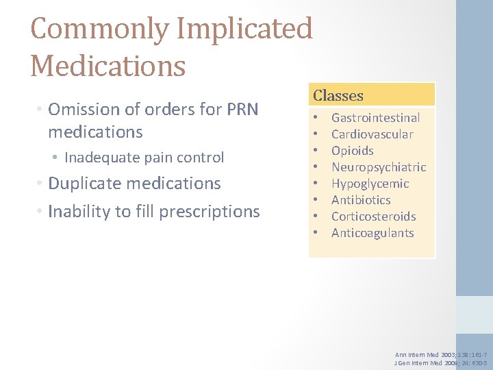 Commonly Implicated Medications • Omission of orders for PRN medications • Inadequate pain control