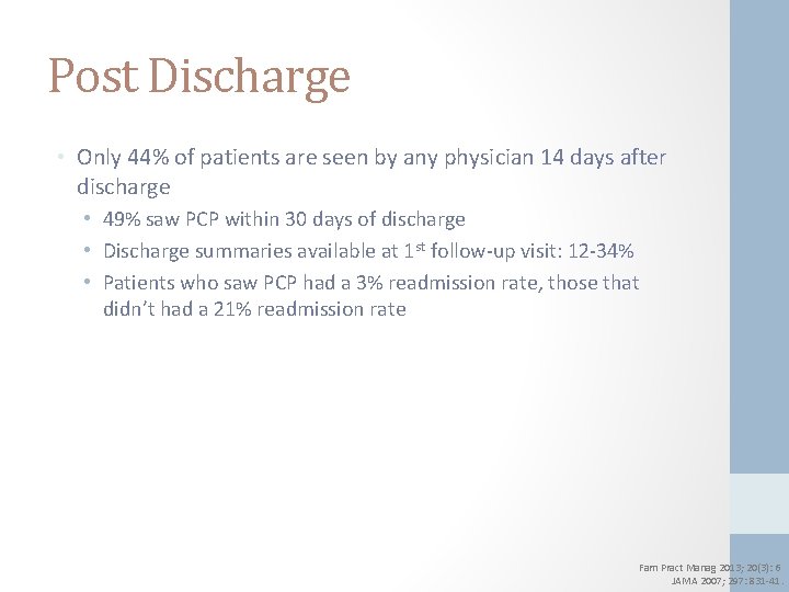 Post Discharge • Only 44% of patients are seen by any physician 14 days