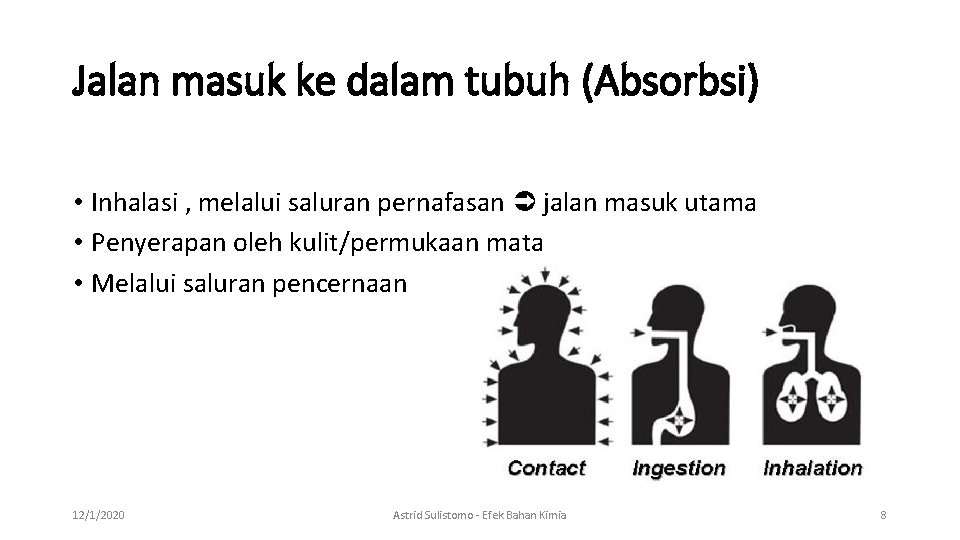 Jalan masuk ke dalam tubuh (Absorbsi) • Inhalasi , melalui saluran pernafasan jalan masuk