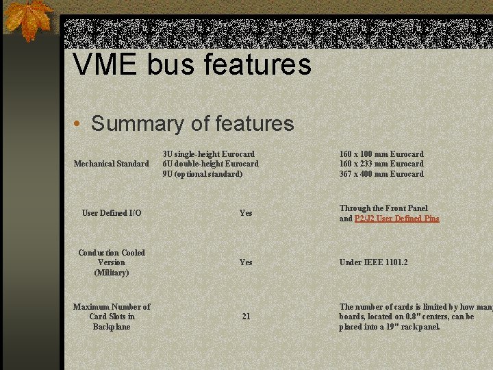 VME bus features • Summary of features Mechanical Standard 3 U single-height Eurocard 6