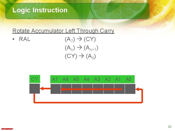 Logic Instruction Rotate Accumulator Left Through Carry • RAL (A 7) (CY) (An) (An+1)