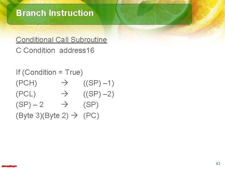 Branch Instruction Conditional Call Subroutine C Condition address 16 If (Condition = True) (PCH)