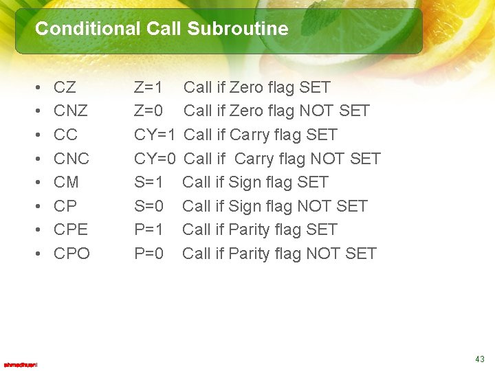 Conditional Call Subroutine • • CZ CNZ CC CNC CM CP CPE CPO Z=1
