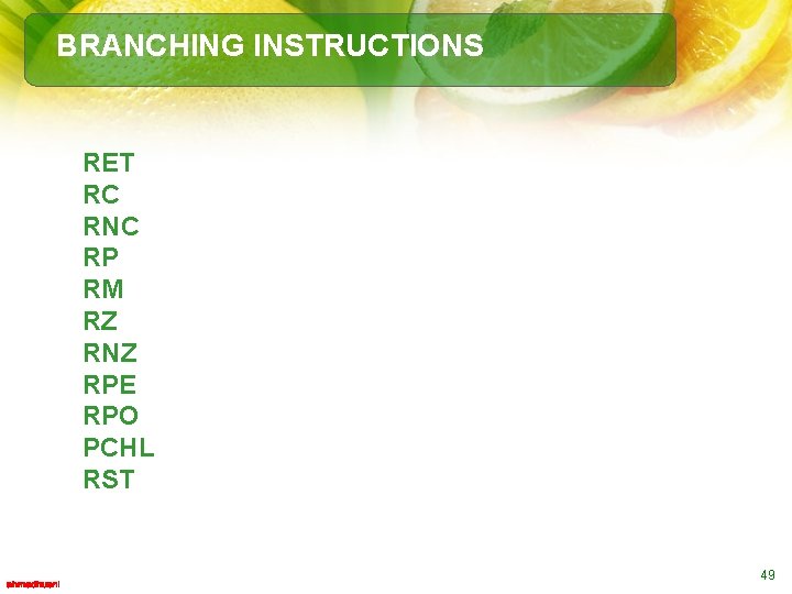 BRANCHING INSTRUCTIONS RET RC RNC RP RM RZ RNZ RPE RPO PCHL RST Return