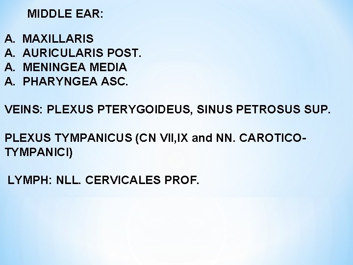 MIDDLE EAR: A. A. MAXILLARIS AURICULARIS POST. MENINGEA MEDIA PHARYNGEA ASC. VEINS: PLEXUS PTERYGOIDEUS,