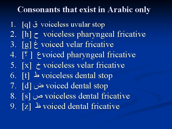 Consonants that exist in Arabic only 1. [q] ﻕ voiceless uvular stop 2. 3.