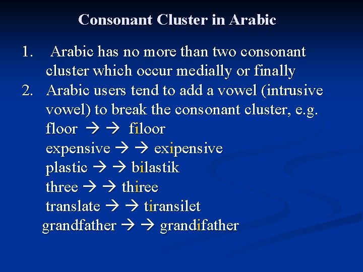 Consonant Cluster in Arabic 1. Arabic has no more than two consonant cluster which