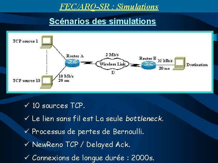 FEC/ARQ-SR : Simulations Scénarios des simulations ü 10 sources TCP. ü Le lien sans