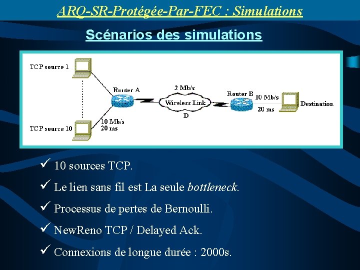 ARQ-SR-Protégée-Par-FEC : Simulations Scénarios des simulations ü 10 sources TCP. ü Le lien sans