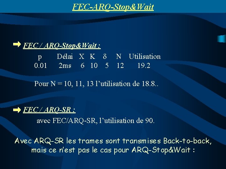 FEC-ARQ-Stop&Wait FEC / ARQ-Stop&Wait : p Délai X K N Utilisation 0. 01 2