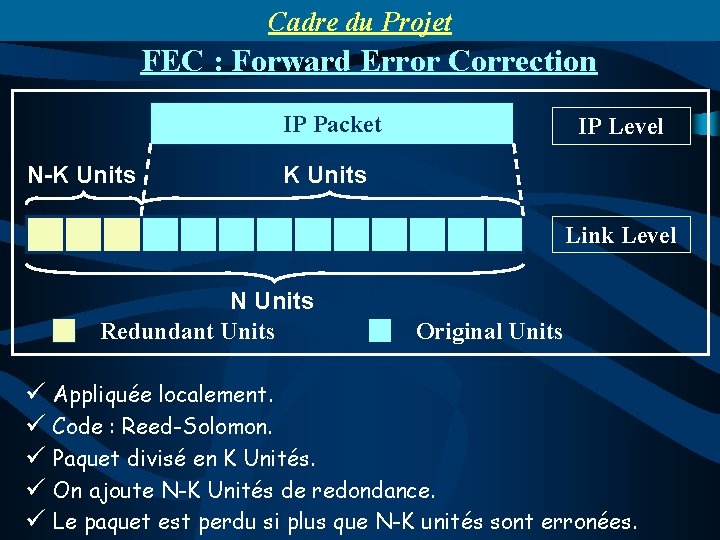 Cadre du Projet FEC : Forward Error Correction IP Packet N-K Units IP Level