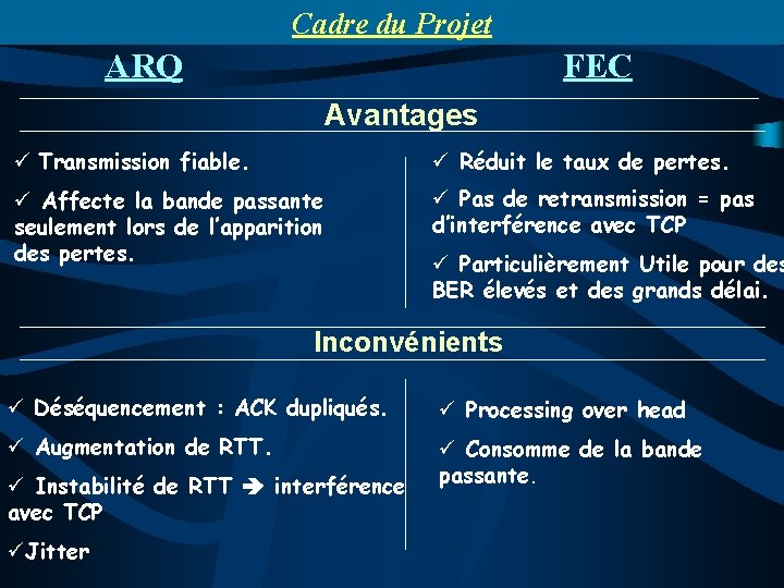 Cadre du Projet ARQ FEC Avantages ü Transmission fiable. ü Réduit le taux de