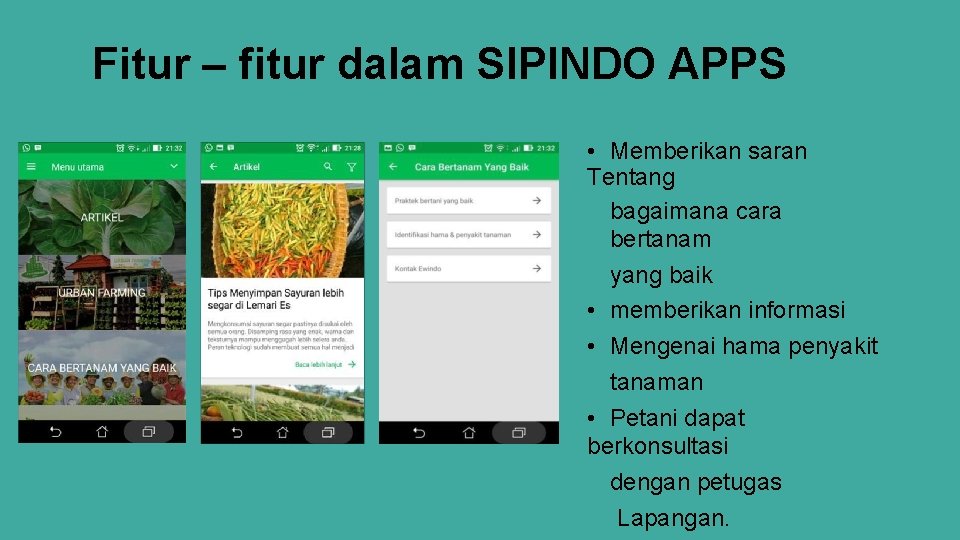 Fitur – fitur dalam SIPINDO APPS • Memberikan saran Tentang bagaimana cara bertanam yang