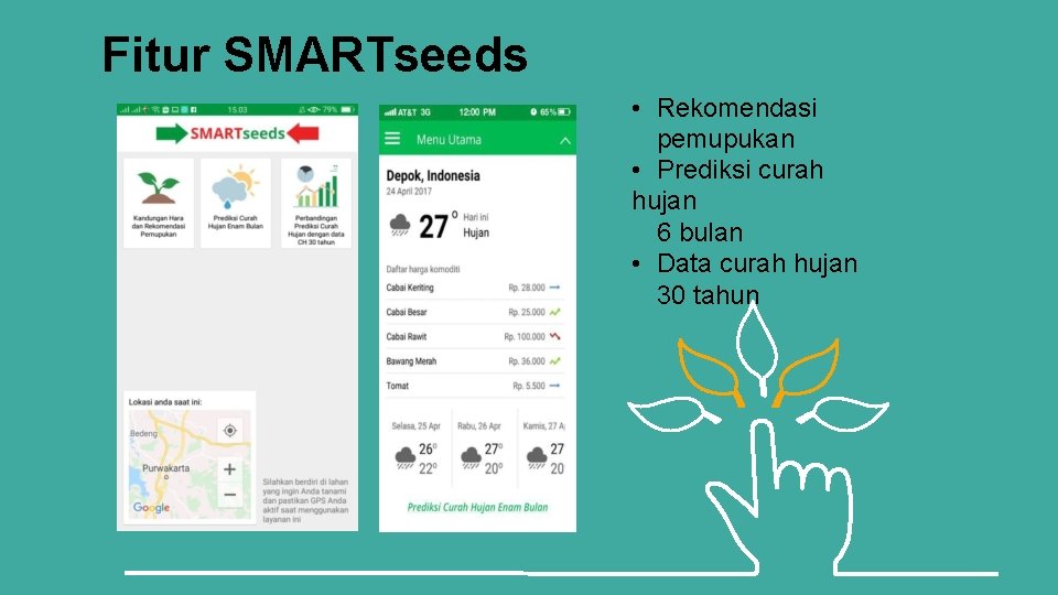 Fitur SMARTseeds • Rekomendasi pemupukan • Prediksi curah hujan 6 bulan • Data curah