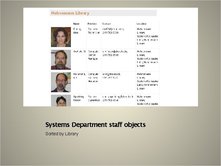 Systems Department staff objects Sorted by Library 