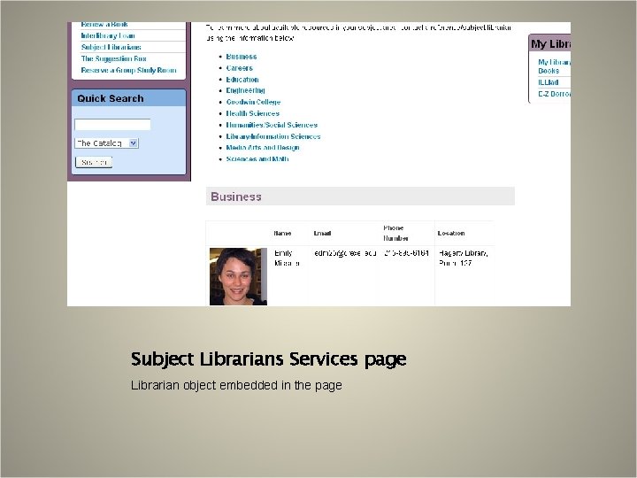 Subject Librarians Services page Librarian object embedded in the page 