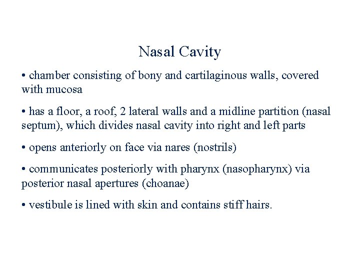 Nasal Cavity • chamber consisting of bony and cartilaginous walls, covered with mucosa •