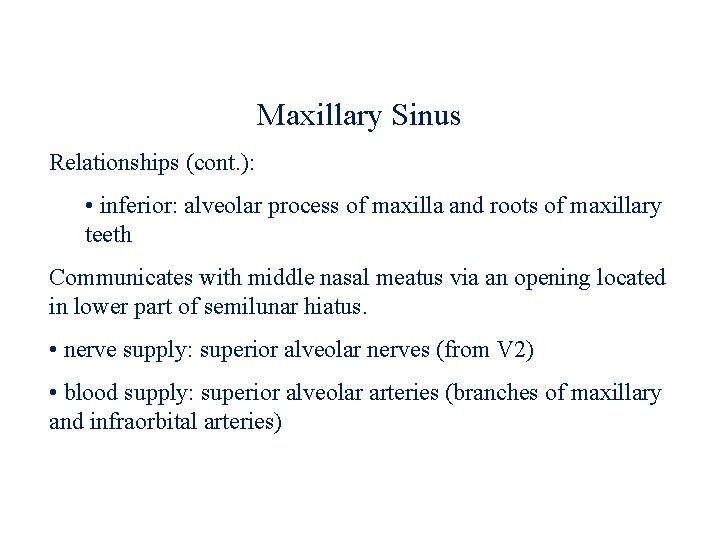Maxillary Sinus Relationships (cont. ): • inferior: alveolar process of maxilla and roots of