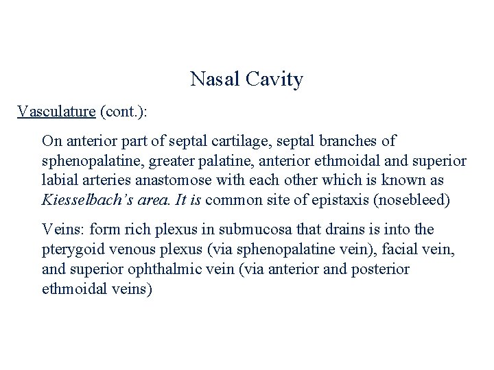 Nasal Cavity Vasculature (cont. ): On anterior part of septal cartilage, septal branches of