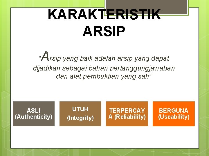 KARAKTERISTIK ARSIP A “ rsip yang baik adalah arsip yang dapat dijadikan sebagai bahan