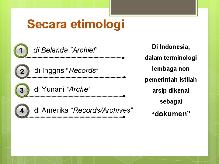 Secara etimologi 1 di Belanda “Archief” Di Indonesia, dalam terminologi 2 di Inggris “Records”