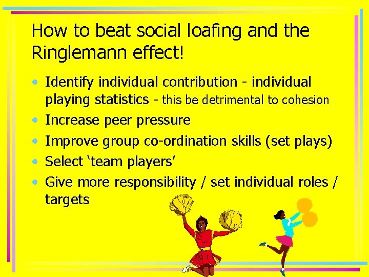 How to beat social loafing and the Ringlemann effect! • Identify individual contribution -