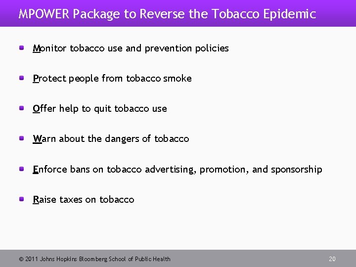 MPOWER Package to Reverse the Tobacco Epidemic Monitor tobacco use and prevention policies Protect