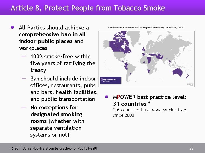 Article 8, Protect People from Tobacco Smoke All Parties should achieve a comprehensive ban