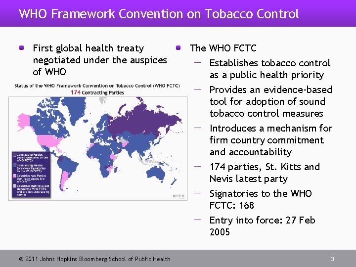 WHO Framework Convention on Tobacco Control First global health treaty negotiated under the auspices