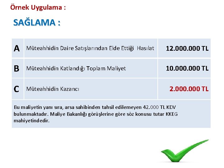 Örnek Uygulama : SAĞLAMA : A Müteahhidin Daire Satışlarından Elde Ettiği Hasılat 12. 000