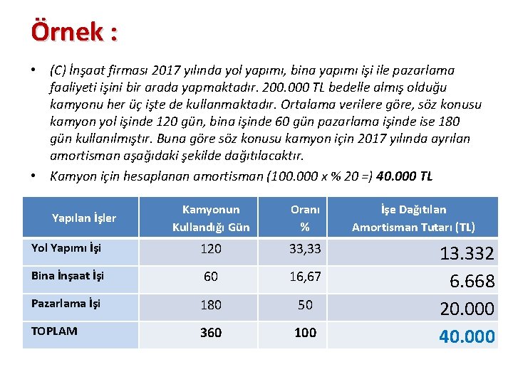 Örnek : • (C) İnşaat firması 2017 yılında yol yapımı, bina yapımı işi ile