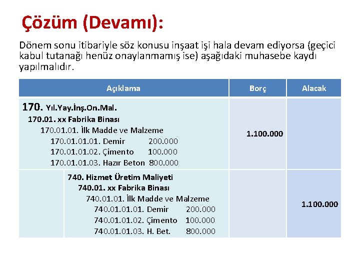 Çözüm (Devamı): Dönem sonu itibariyle söz konusu inşaat işi hala devam ediyorsa (geçici kabul