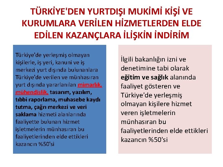 TÜRKİYE'DEN YURTDIŞI MUKİMİ KİŞİ VE KURUMLARA VERİLEN HİZMETLERDEN ELDE EDİLEN KAZANÇLARA İLİŞKİN İNDİRİM Türkiye'de