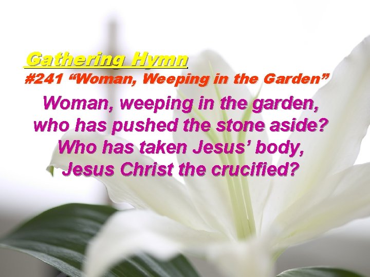 Gathering Hymn #241 “Woman, Weeping in the Garden” Woman, weeping in the garden, who