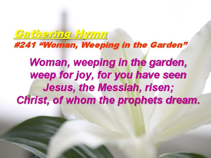 Gathering Hymn #241 “Woman, Weeping in the Garden” Woman, weeping in the garden, weep