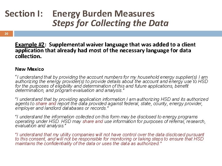 Section I: Energy Burden Measures Steps for Collecting the Data 20 Example #2: Supplemental