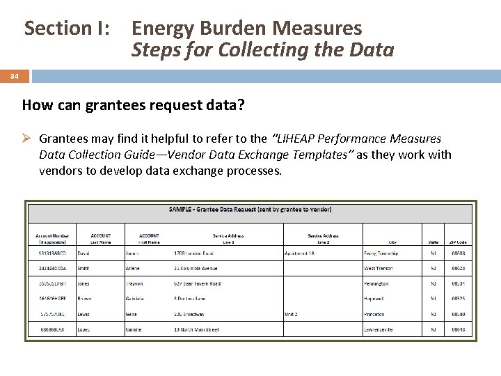 Section I: Energy Burden Measures Steps for Collecting the Data 34 How can grantees