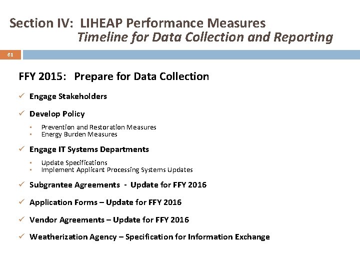Section IV: LIHEAP Performance Measures Timeline for Data Collection and Reporting 61 FFY 2015:
