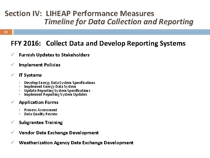 Section IV: LIHEAP Performance Measures Timeline for Data Collection and Reporting 62 FFY 2016:
